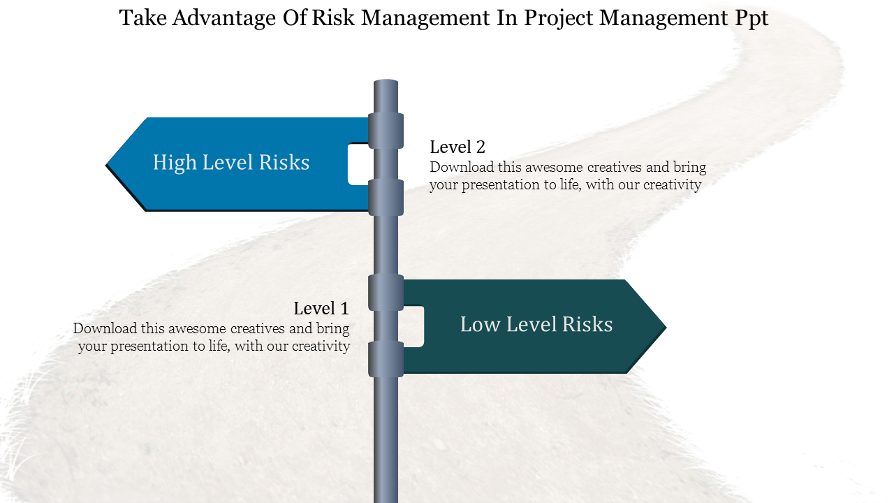 Project management slide featuring a signpost with blue and green arrows for high and low level risks, with captions.