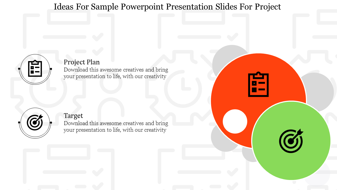 Two prominent circles representing project plan and target, with clipboard and target icons on red and green backgrounds.