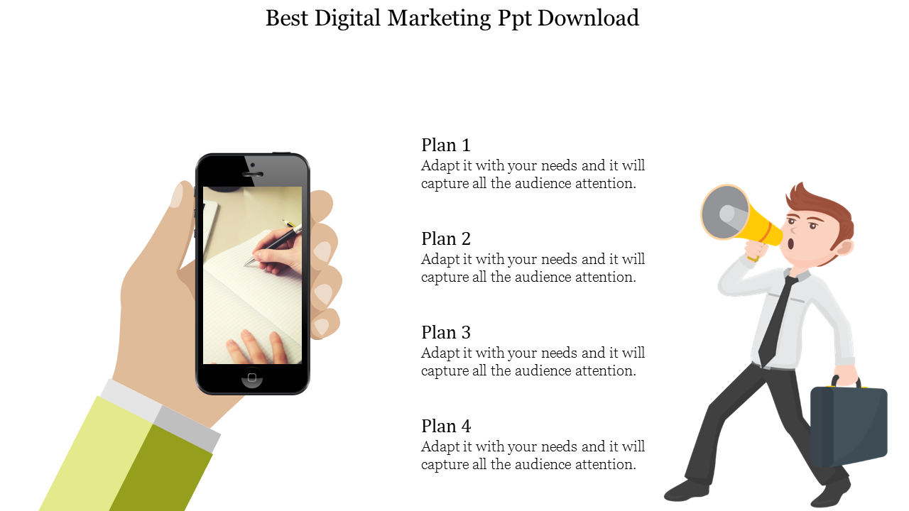 Digital marketing slide with a hand holding a smartphone, four text areas, and a businessman with a megaphone on the right.