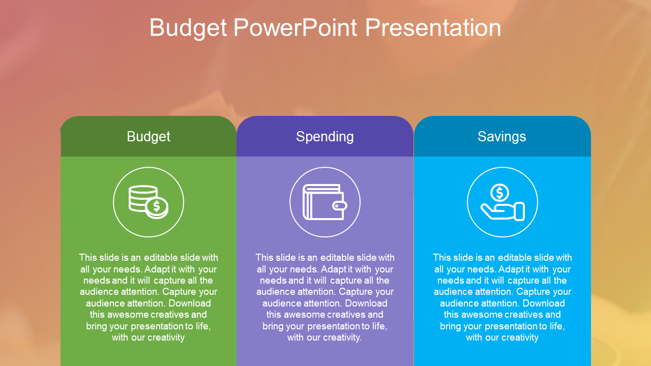 Colorful three column slide showing budget categories each with an icon and text description.