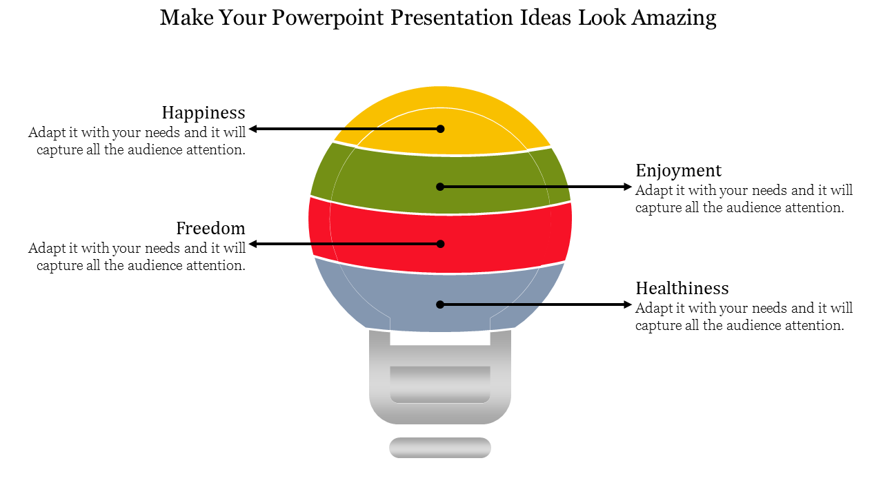 Lightbulb illustration with four colorful layers and annotations for happiness, enjoyment, freedom, and healthiness.