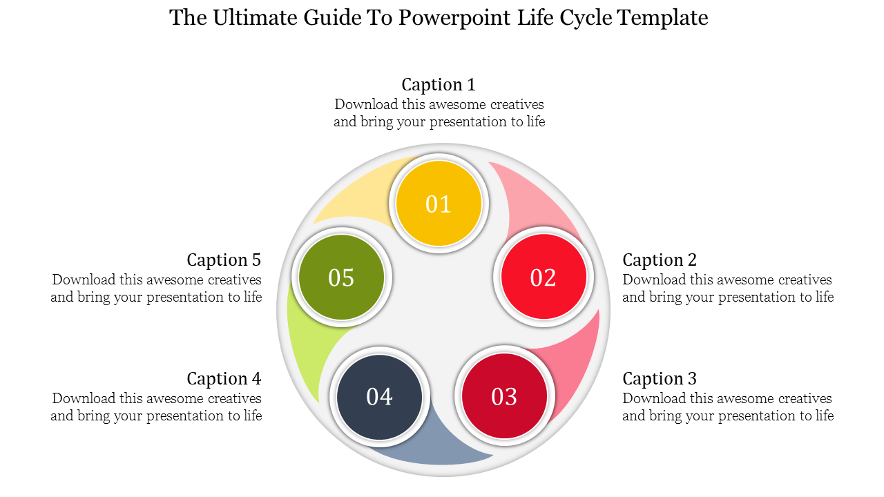 Circular life cycle slide with five colorful segments, each containing a numbered step with captions.