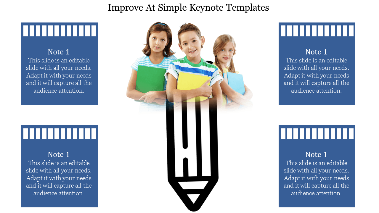 Slide with a large pencil icon in the center, surrounded by four blue text boxes and three kids holding notebooks.