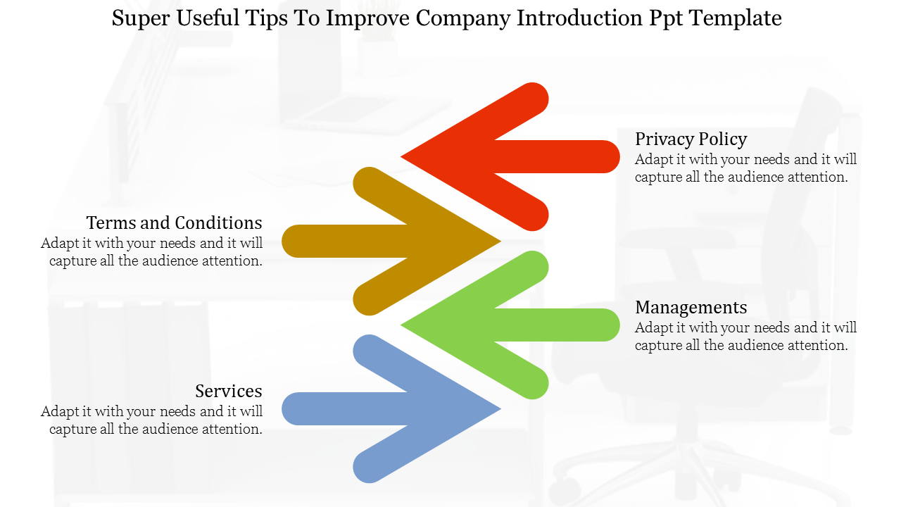 Four right-facing arrows in different colors for company introduction, aligned vertically with placeholder text areas.