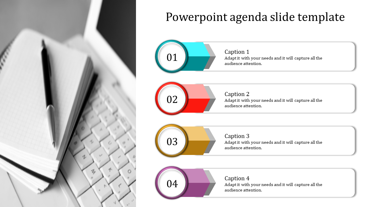 Agenda slide with four numbered captions in colorful sections, placed alongside a grayscale image.