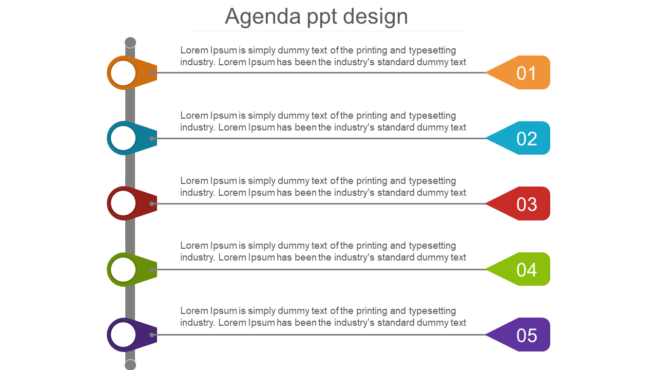 Agenda layout featuring five colored arrows with corresponding numbered circles and placeholder text.