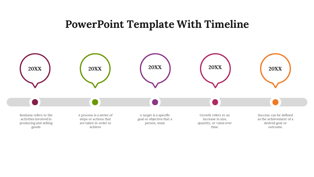 Timeline PPT template with circles for different stages of business, process, target, growth, and success with description.