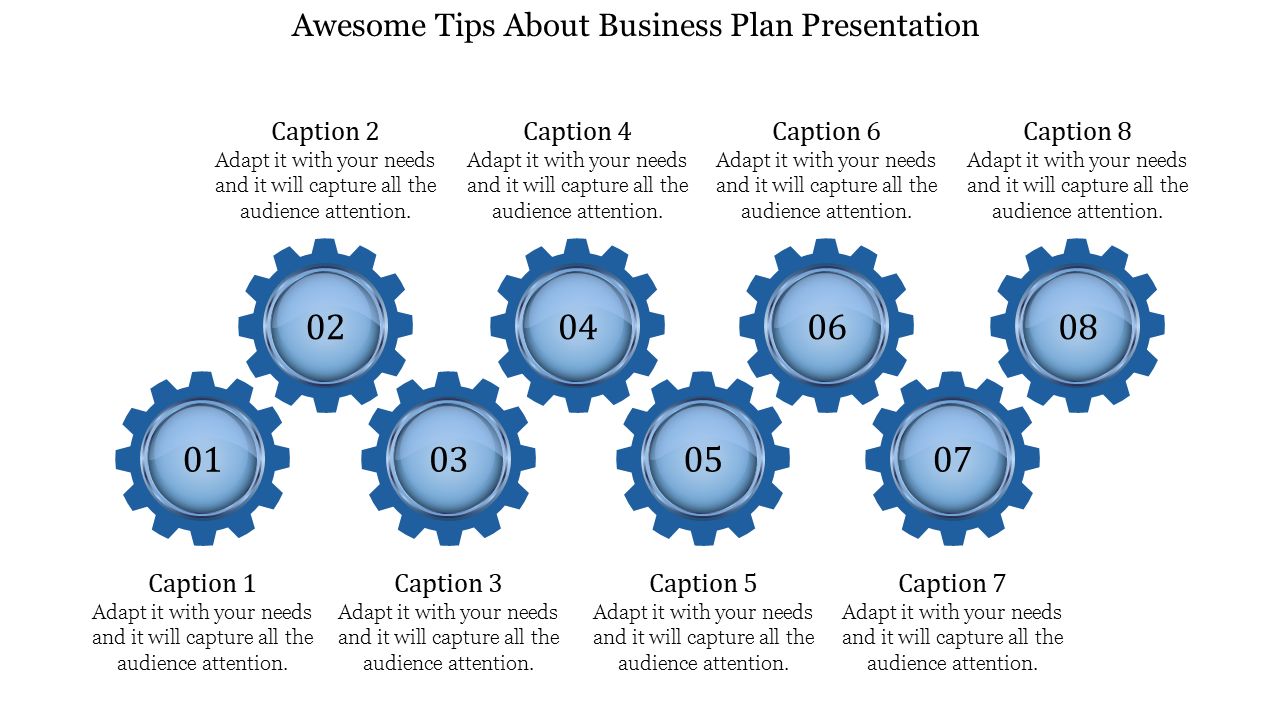 Business plan PowerPoint template with eight gears numbered from 01 to 08, each accompanied by a caption.