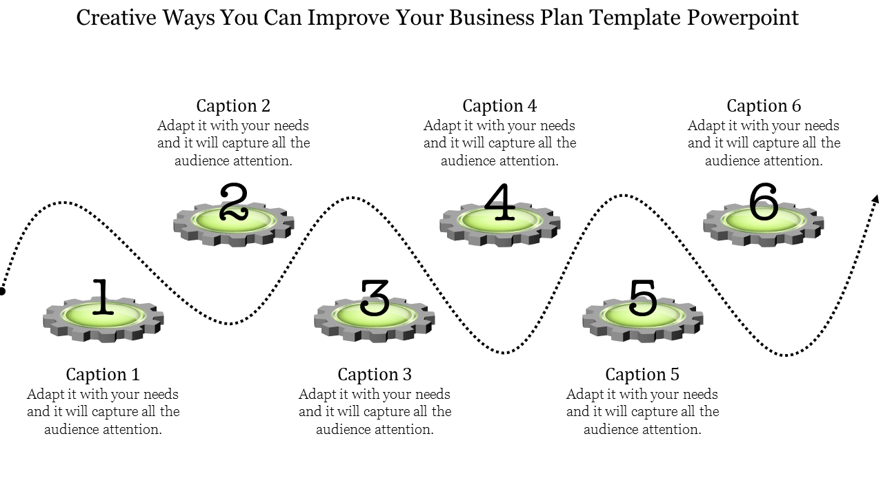 Creative business plan PowerPoint template with six numbered gears connected by a dotted line, each with captions.