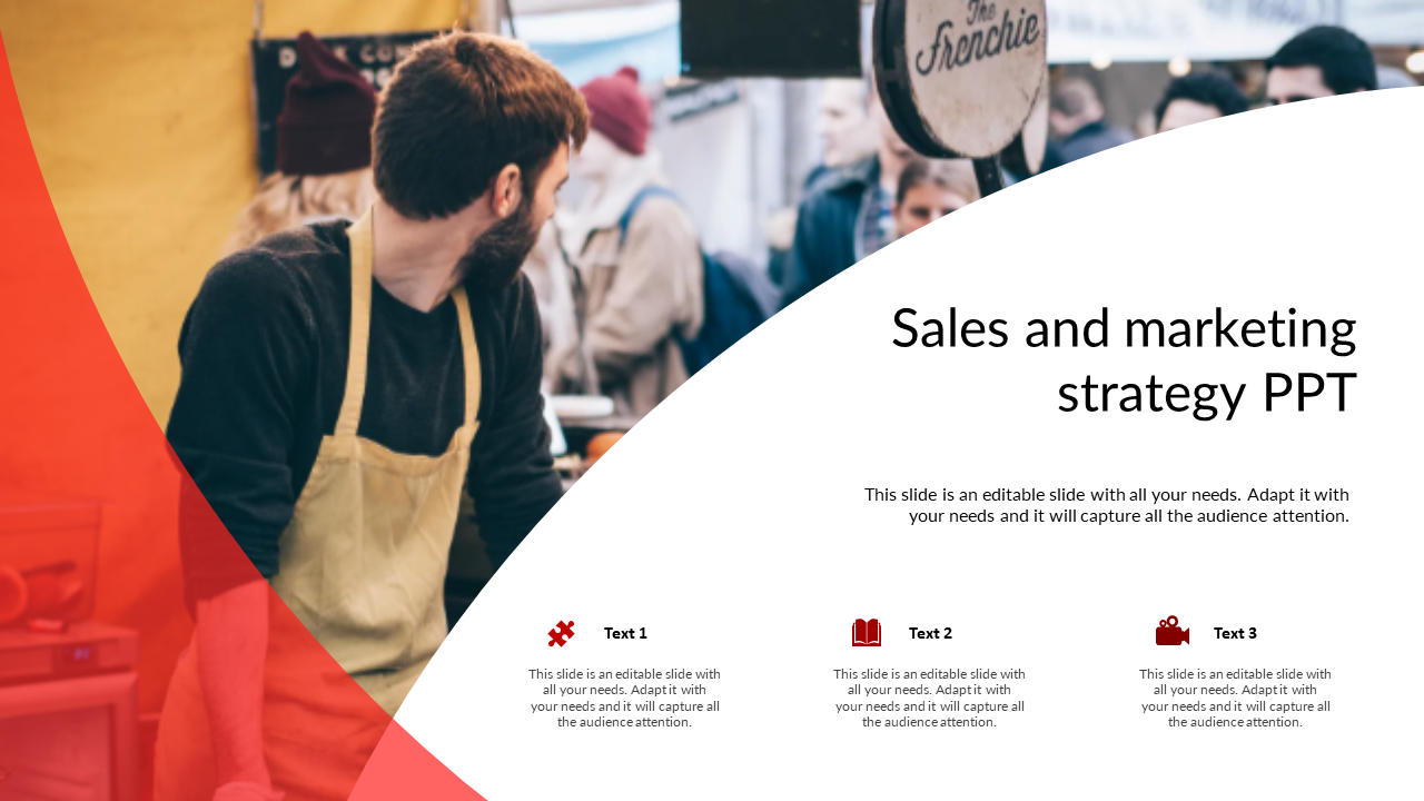 Sales and marketing strategy slide with a vendor in focus, red overlay design, and three text sections below.