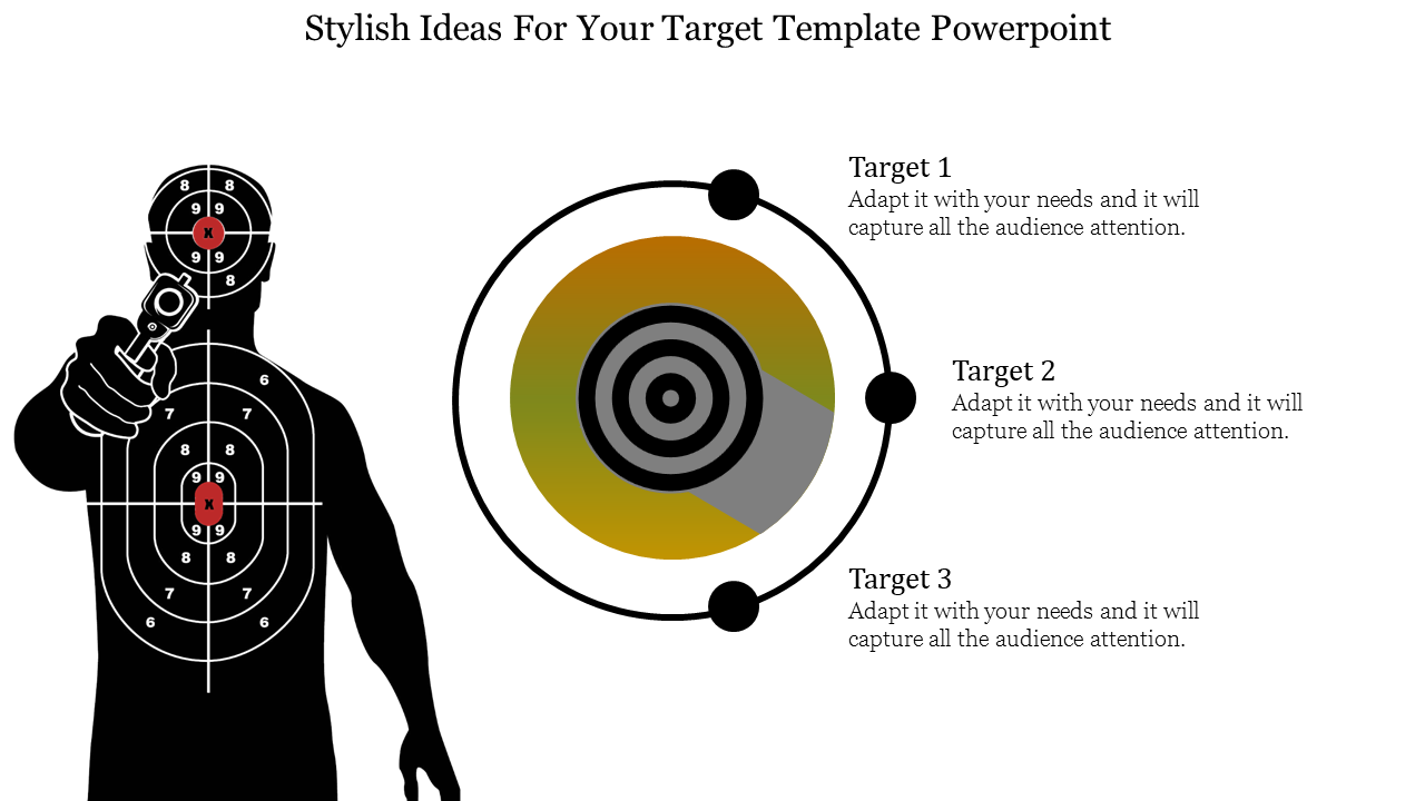 Target themed PowerPoint slide with a shooting range silhouette and a concentric bullseye diagram for goal representation.