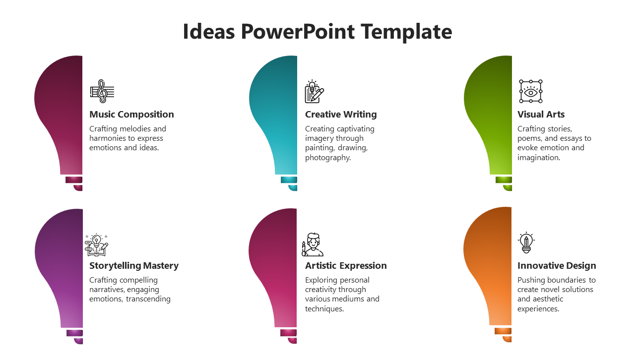 Creative template featuring six light bulb shaped sections in various colors, each labeled with ideas.