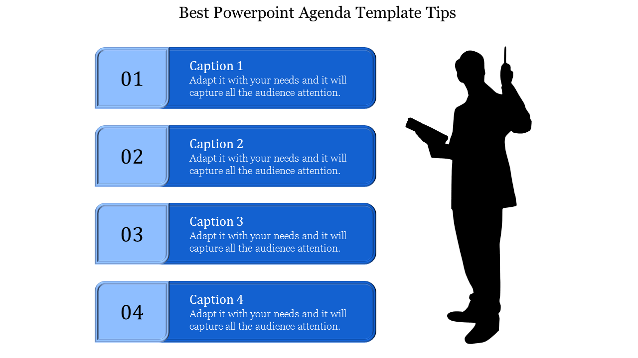 Agenda slide with four blue sections numbered 01 to 04, each labeled Caption, and a silhouette of a person.