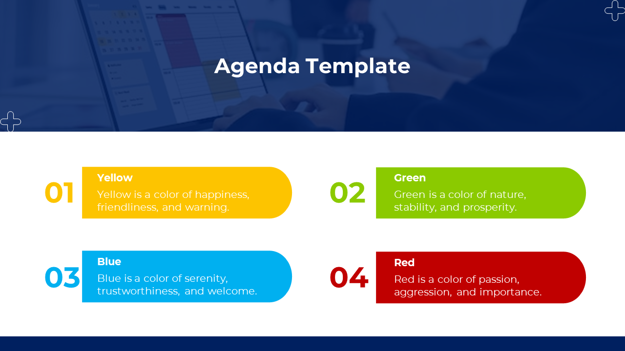 Agenda slide with four colorful sections in yellow, green, blue, and red, each with text and numbered labels.