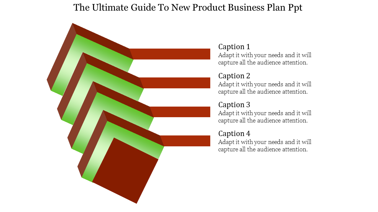 Four stacked 3D blocks in brown and green with captions extending to the right, illustrating a business plan.