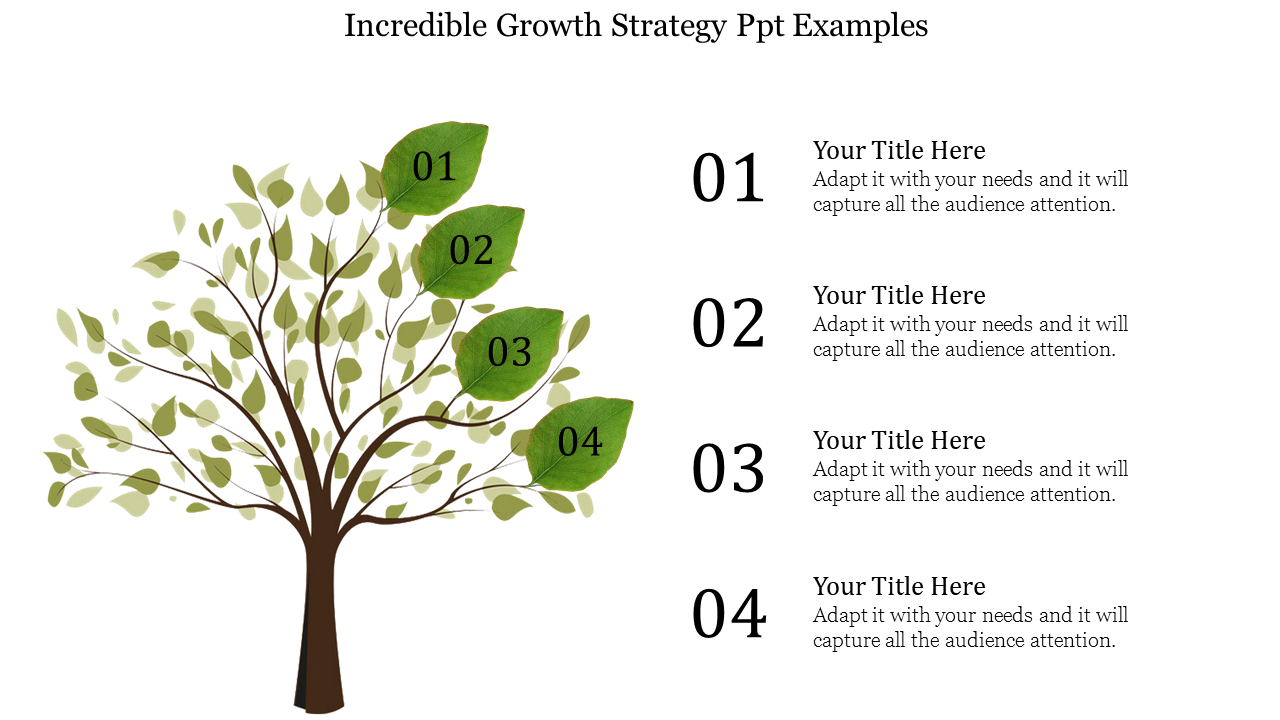 A tree illustration with prominent numbered leaves from 01 to 04, paired with corresponding text sections on the right.