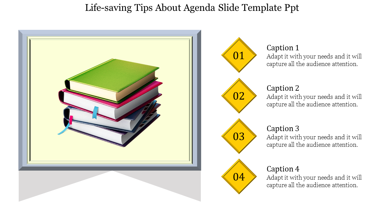 Agenda slide featuring a stack of books in a frame on the left and four numbered yellow diamond shaped captions on the right.