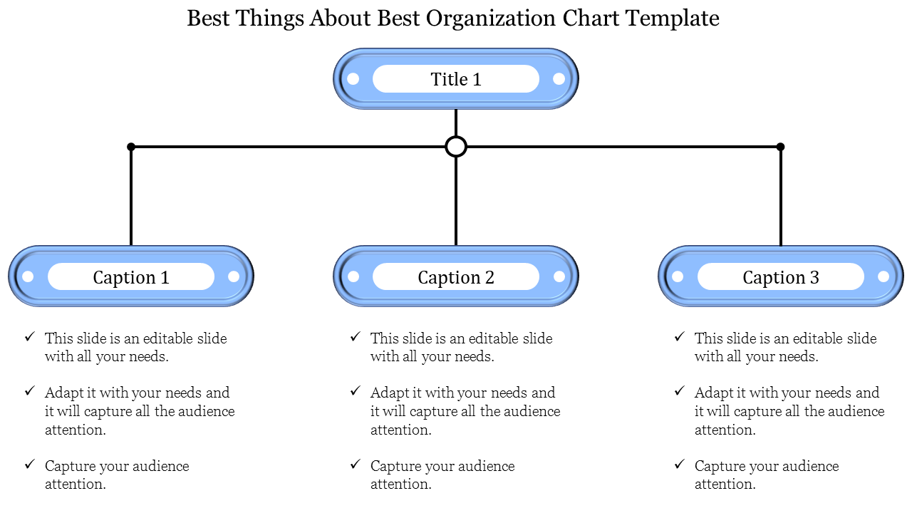 Organization chart template with a central blue title box connected to three caption boxes below, each with bullet points.