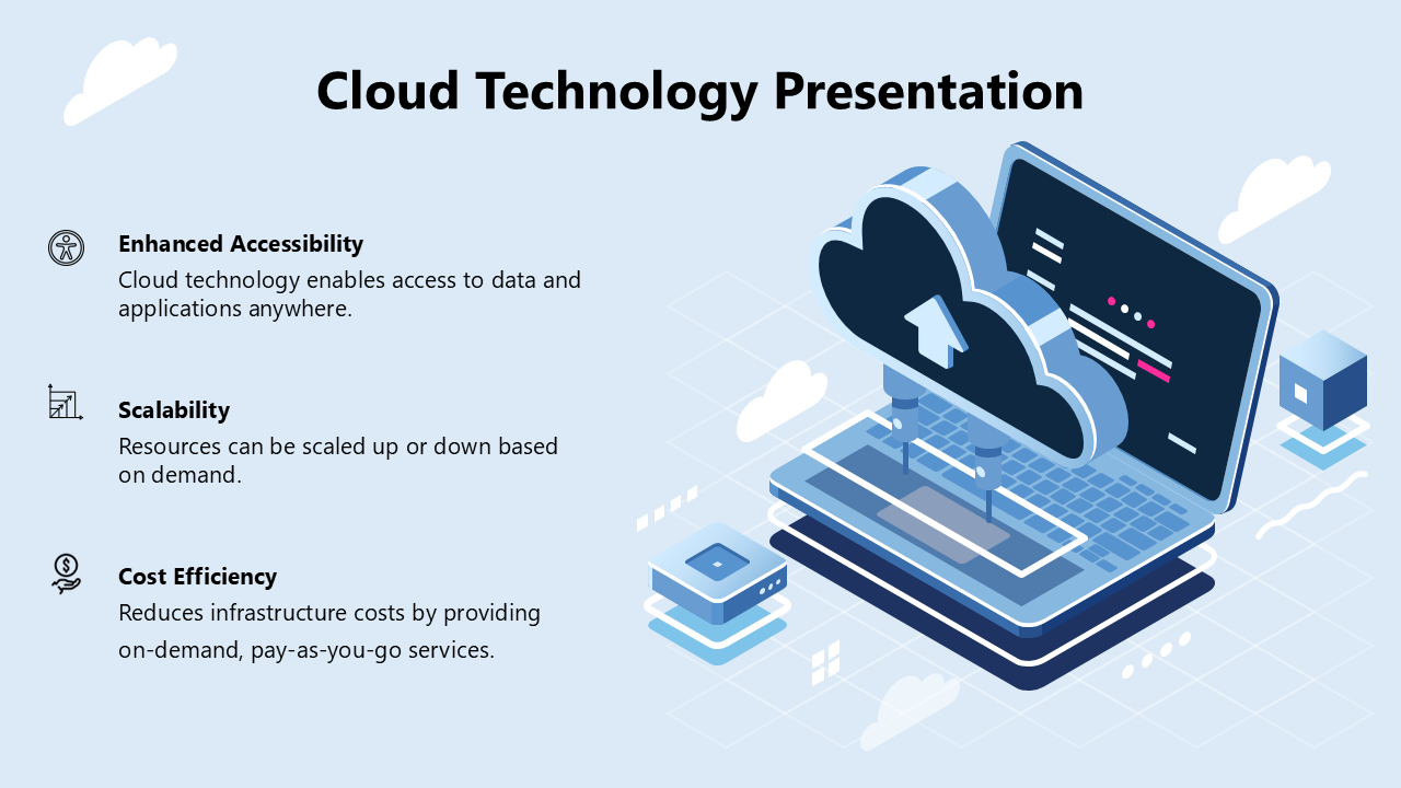 Presentation on cloud technology with focus on accessibility, scalability, and cost-efficient infrastructure.