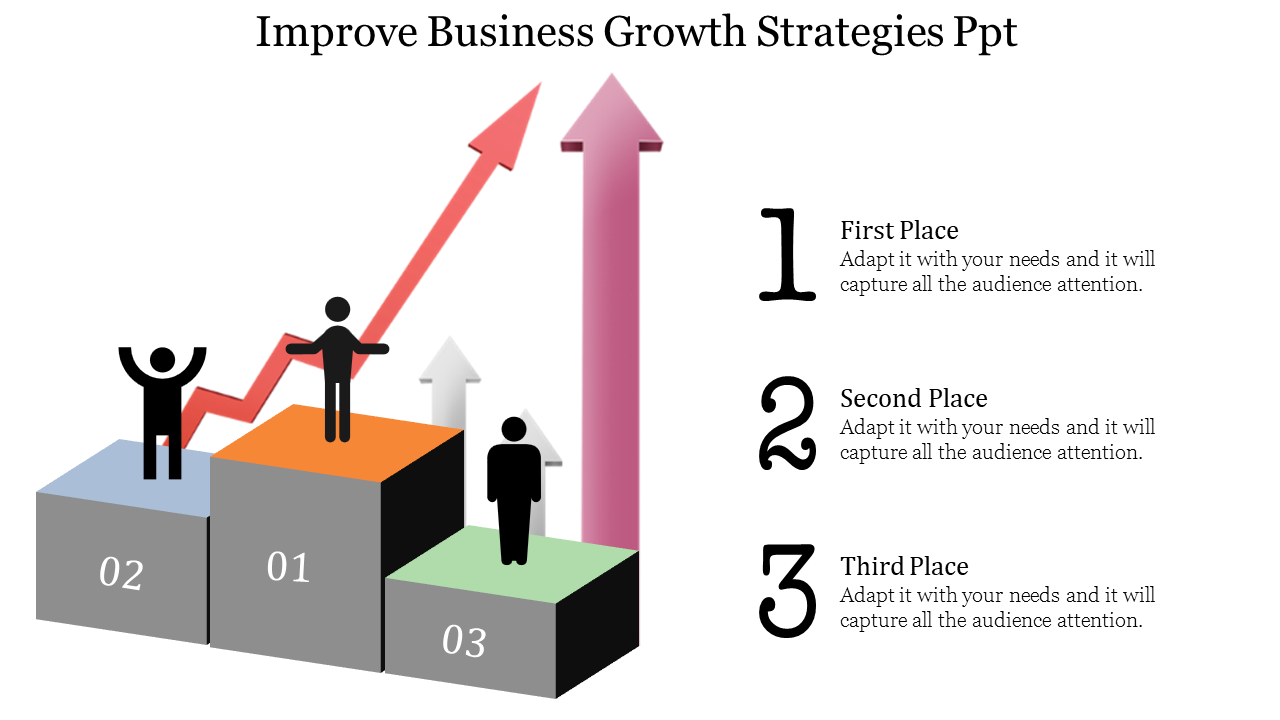 A business growth strategies slide with a podium and three individuals, representing the first, second, and third places.