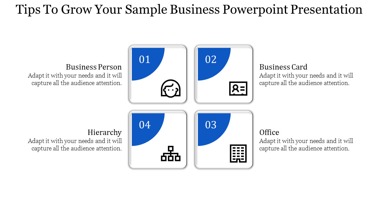 Business slide showing four sections with numbers and icons, and hierarchy chart, alongside captions.