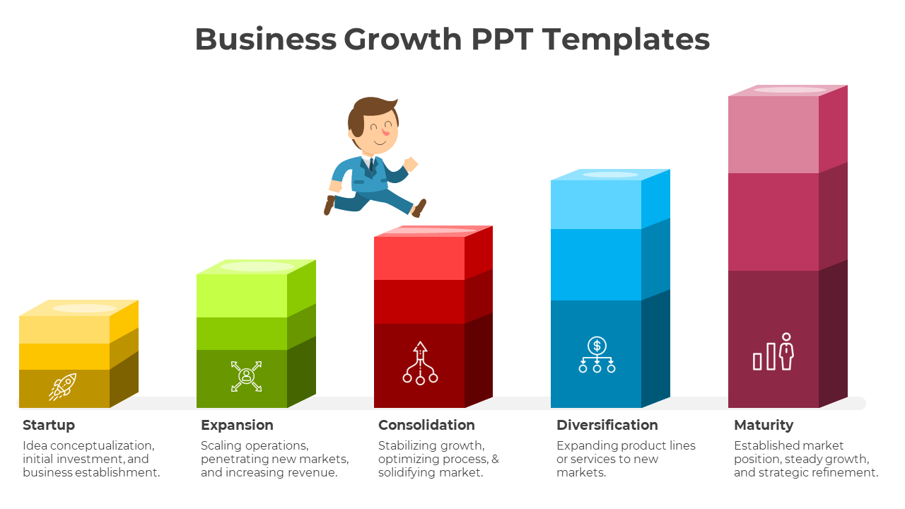 Business growth template with ascending blocks in yellow, green, red, blue, and pink, representing five phases of growth.