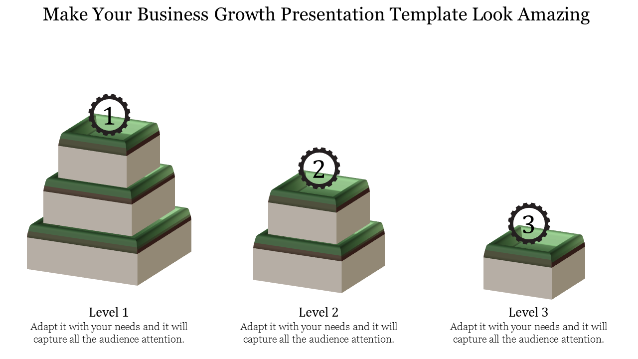 3D green pyramid shaped blocks in descending size, numbered 1 to 3, representing business growth levels.