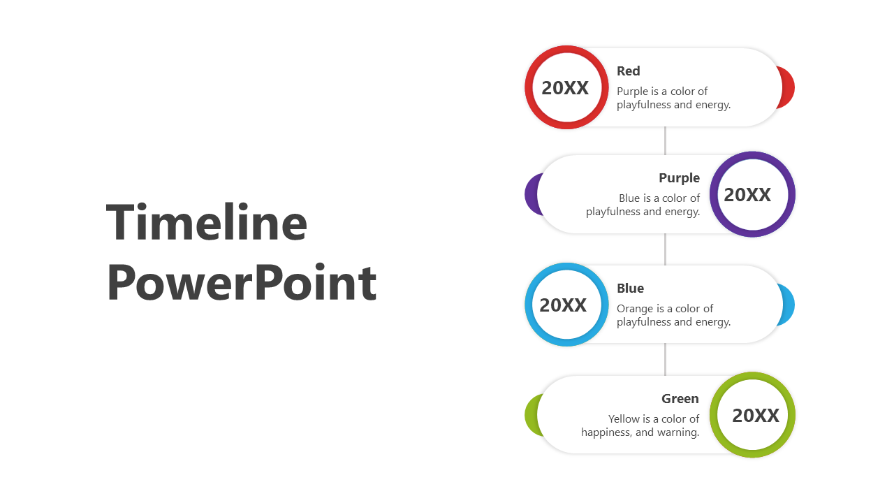 Vertical timeline with four colorful steps in red, purple, blue, and green, each featuring a year and description.