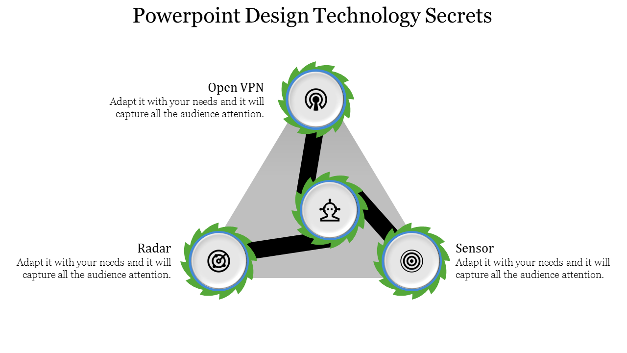 PowerPoint slide with technology related icons, including radar, sensor, and Open VPN with placeholder text.