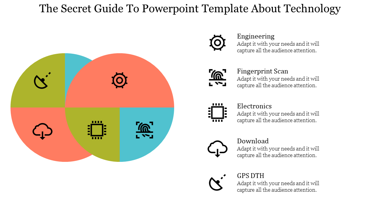 PowerPoint slide featuring technology icons from engineering to GPS DTH with placeholder text.