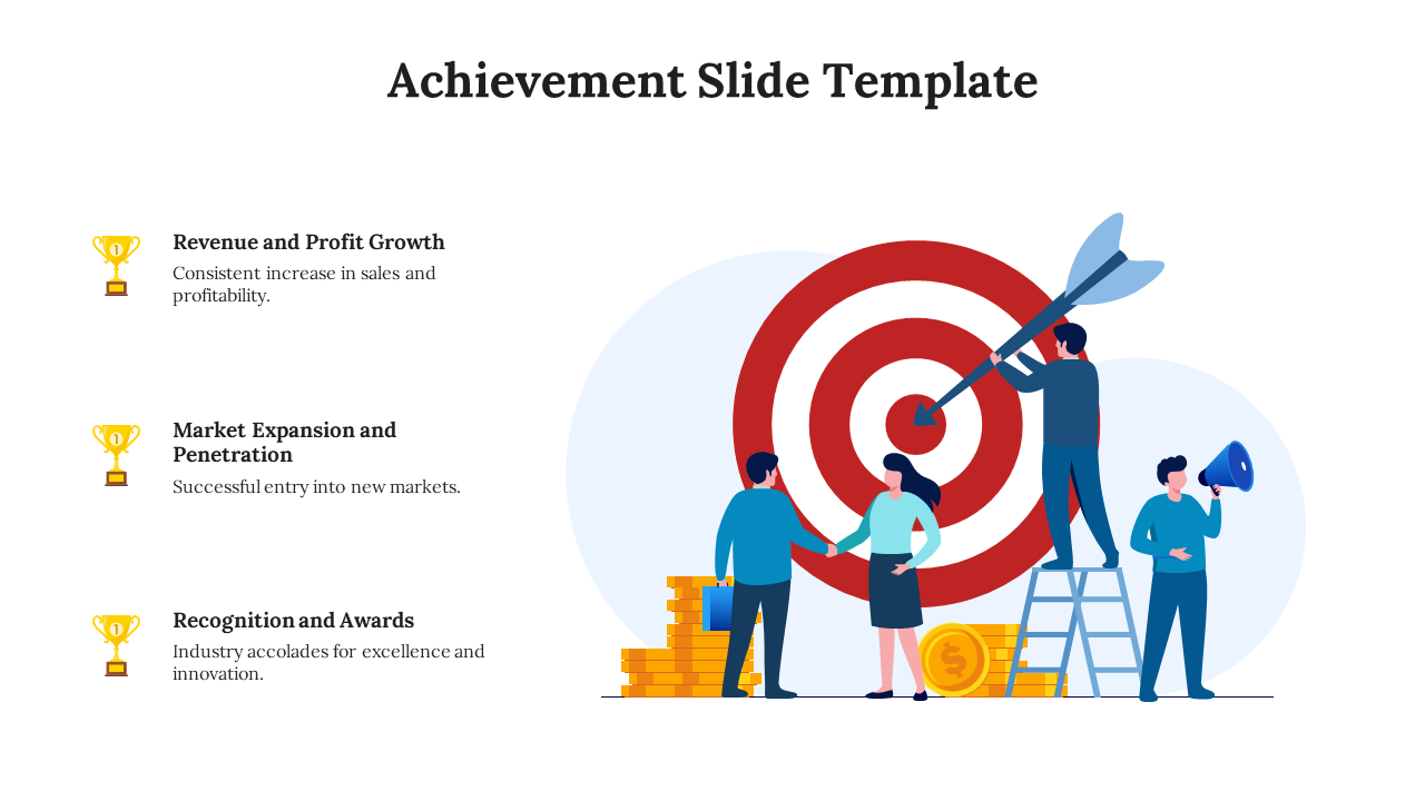 Achievement slide featuring icons complemented by an illustration of a team aiming for a target with a text description.