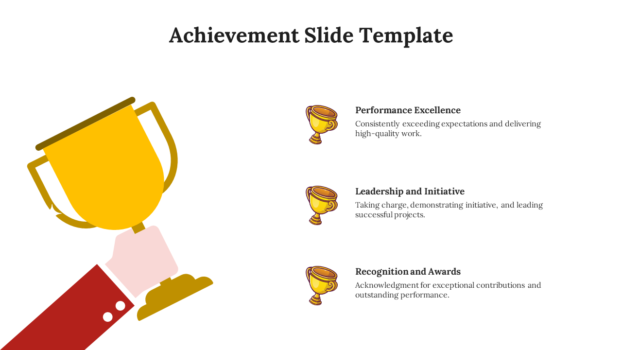 Achievement slide with a large trophy on the left and three smaller trophies on the right, listing accomplishments.