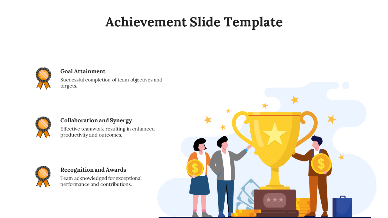 A slide showing an achievement theme with a large trophy and three icons representing goals, collaboration, and recognition.