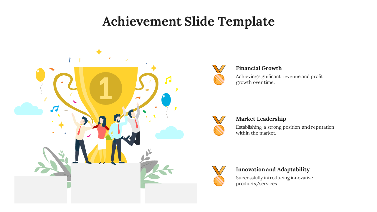 Colorful achievement slide showcasing a trophy with team members and three sections with text descriptions.