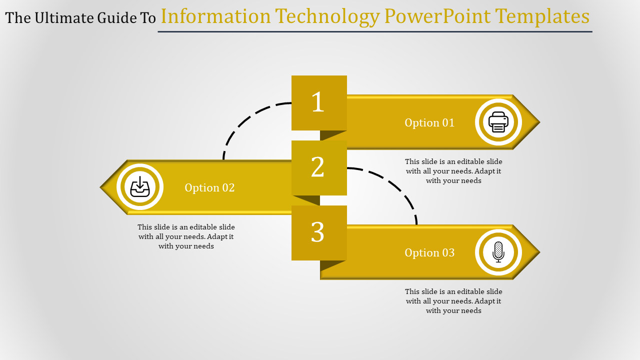 Information Technology PowerPoint template with three numbered 3 options, each featuring an icon and text placeholders.