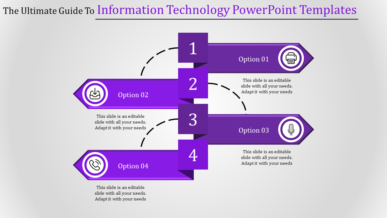 IT PowerPoint template featuring four steps with icons representing options from printing to phone with captions.