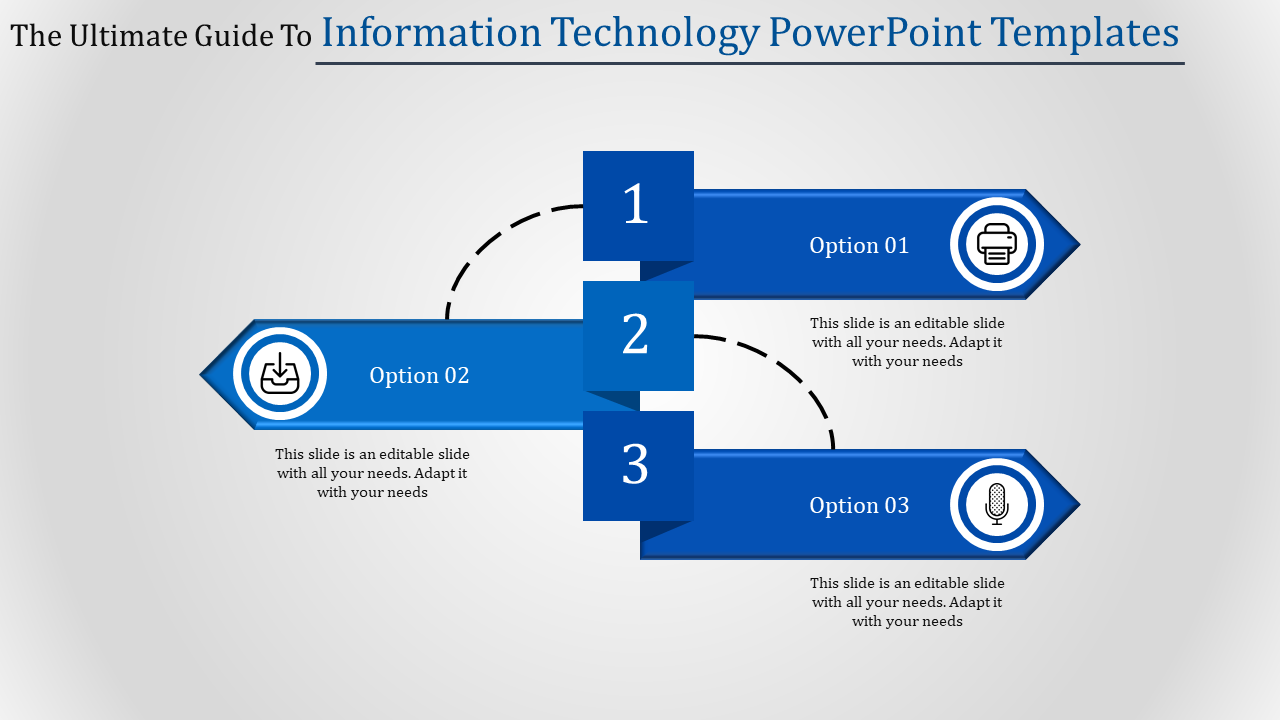 Three option Information Technology PowerPoint template with icons representing a computer, download, and microphone.