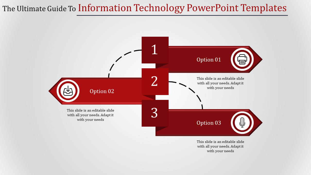 A three step red infographic for an IT PowerPoint template, featuring options with icons.