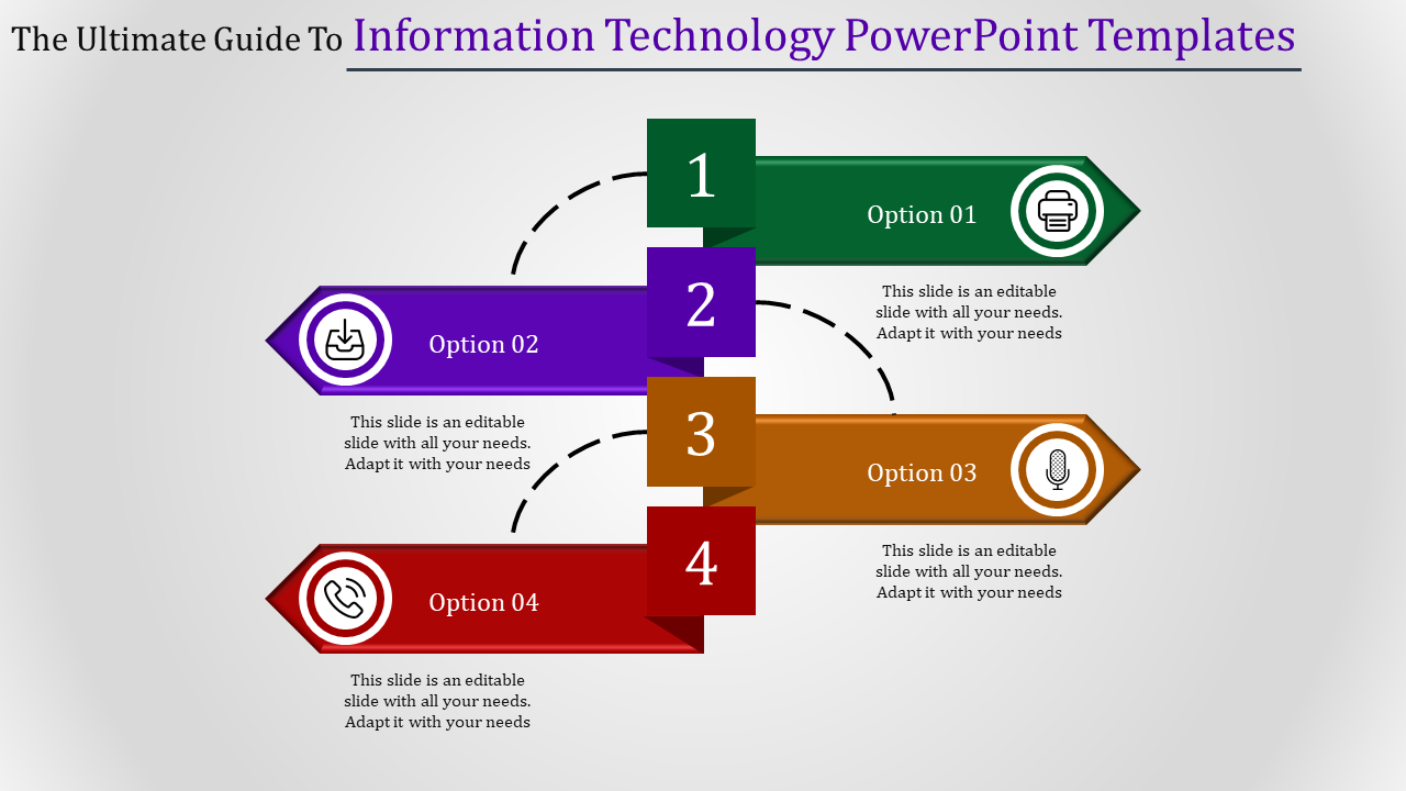 Information technology slide with four numbered options, each accompanied by an icon and placeholder text.