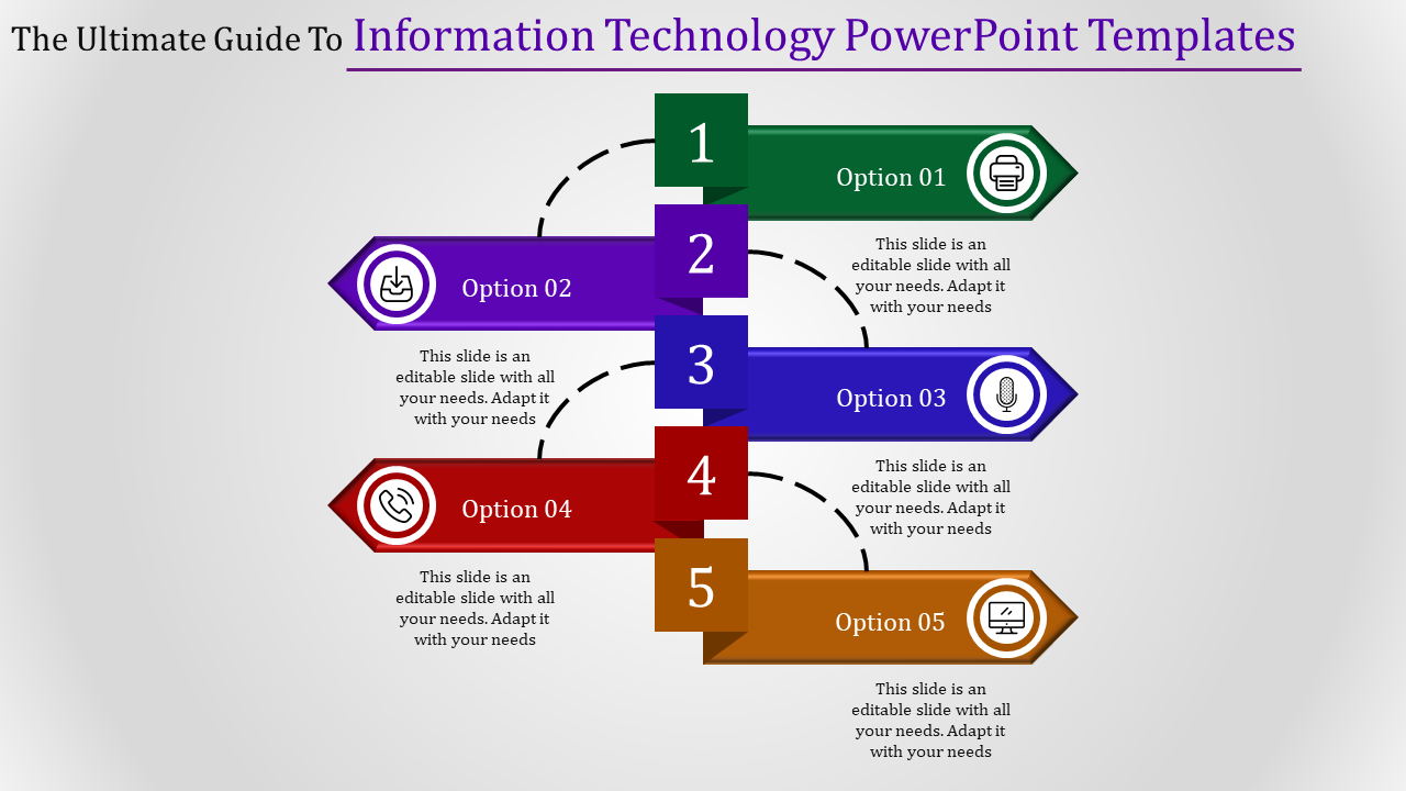 A vertical infographic with five colored options and icons for an information technology PowerPoint template.