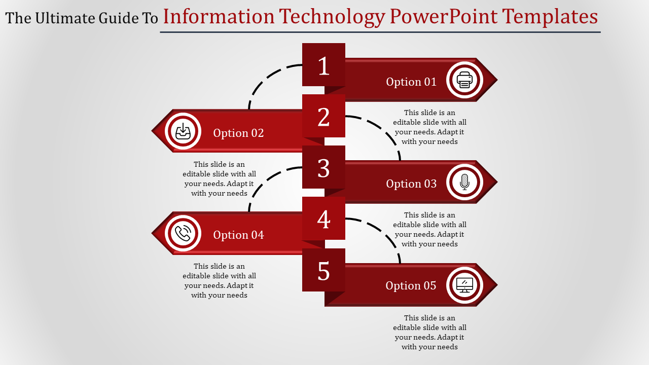 Slide layout showcasing five red arrow shaped segments, each numbered and featuring an icon and text placeholders.