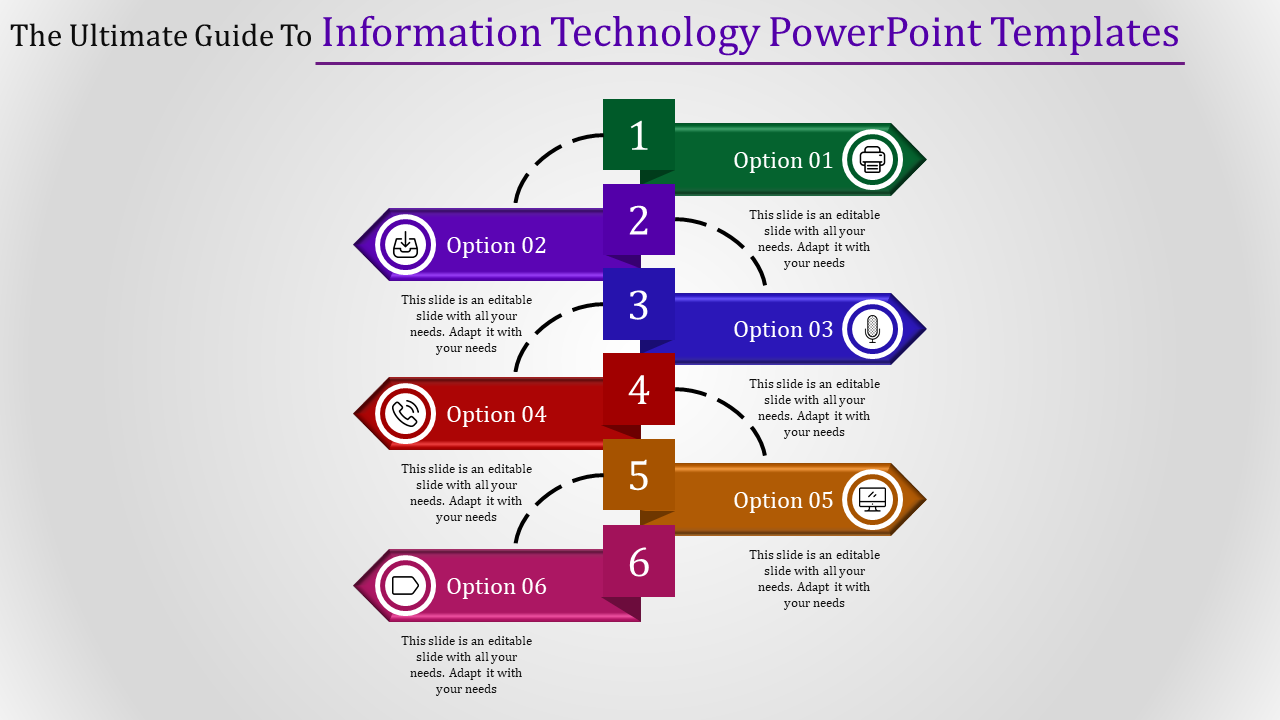 Information technology template featuring a title header, six colorful options arranged vertically each with caption areas.