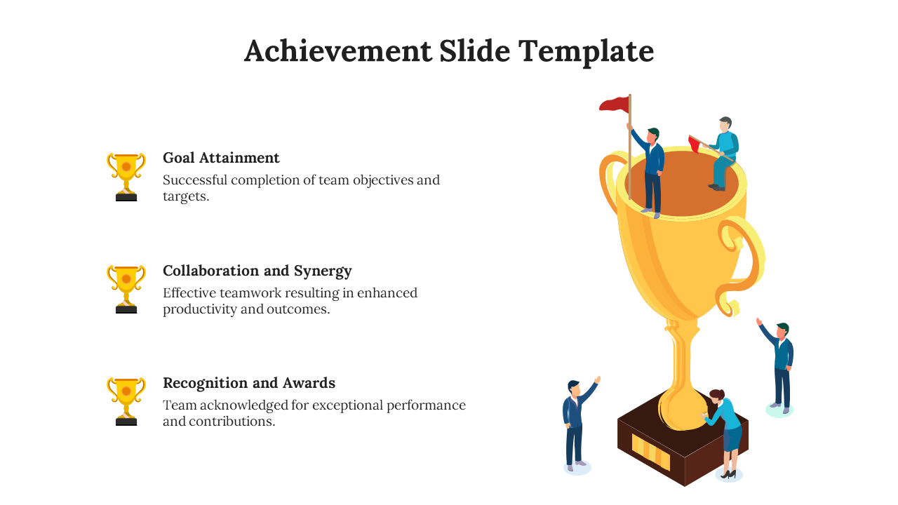 Giant trophy illustration with small figures celebrating, alongside three achievement descriptions with icons.