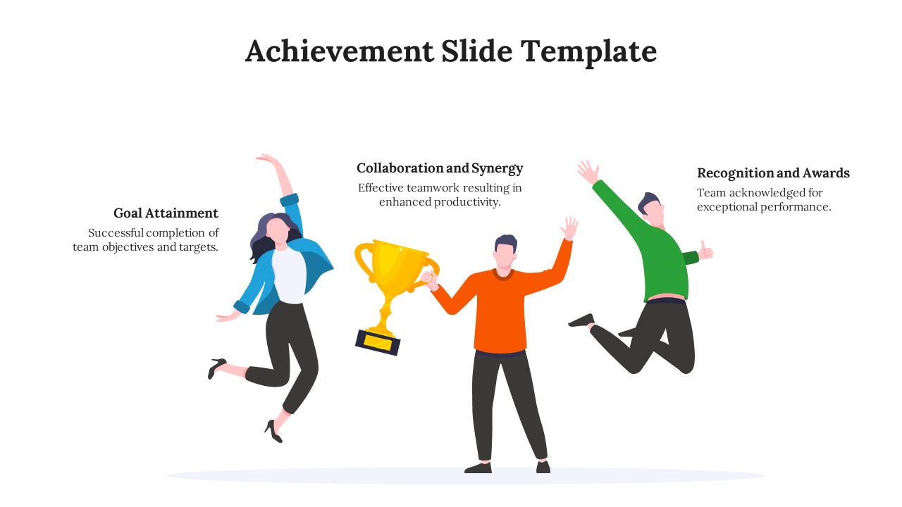 Illustration of three people holding a trophy in joy, symbolizing achievement and collaboration in a clean layout.