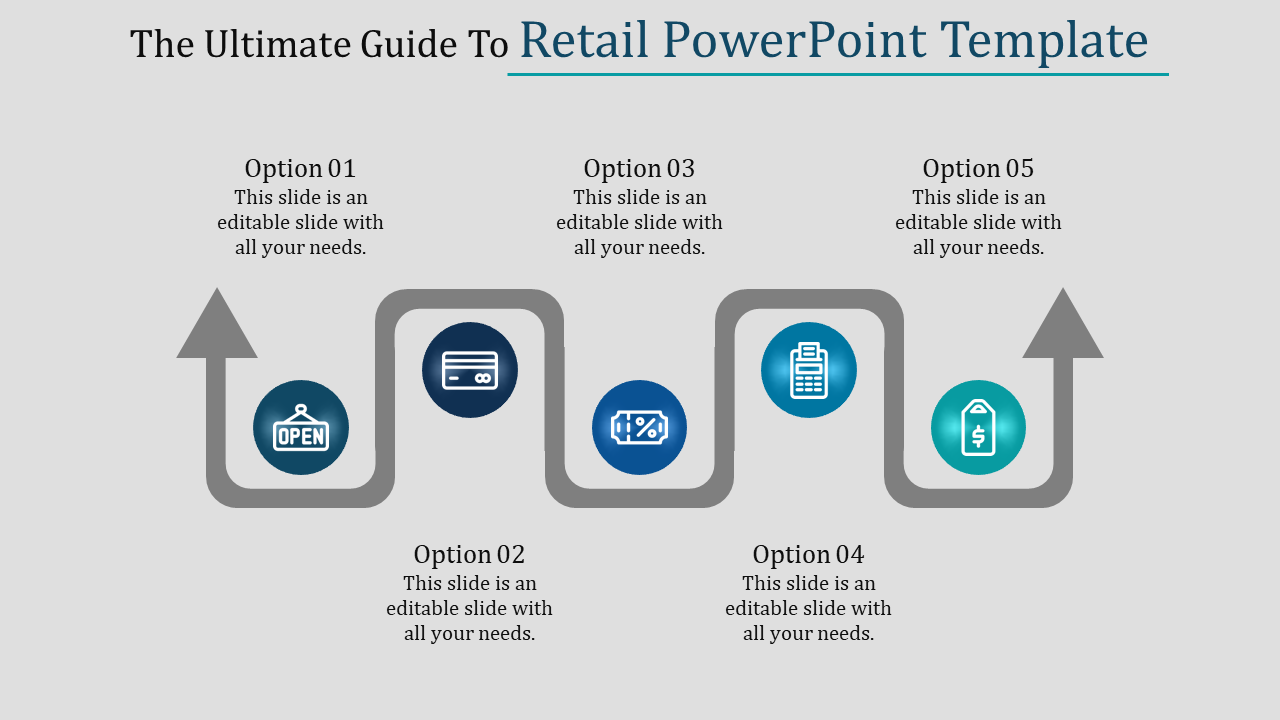 A retail PowerPoint template with icons representing options like open, payment system, pricing, and shipping.