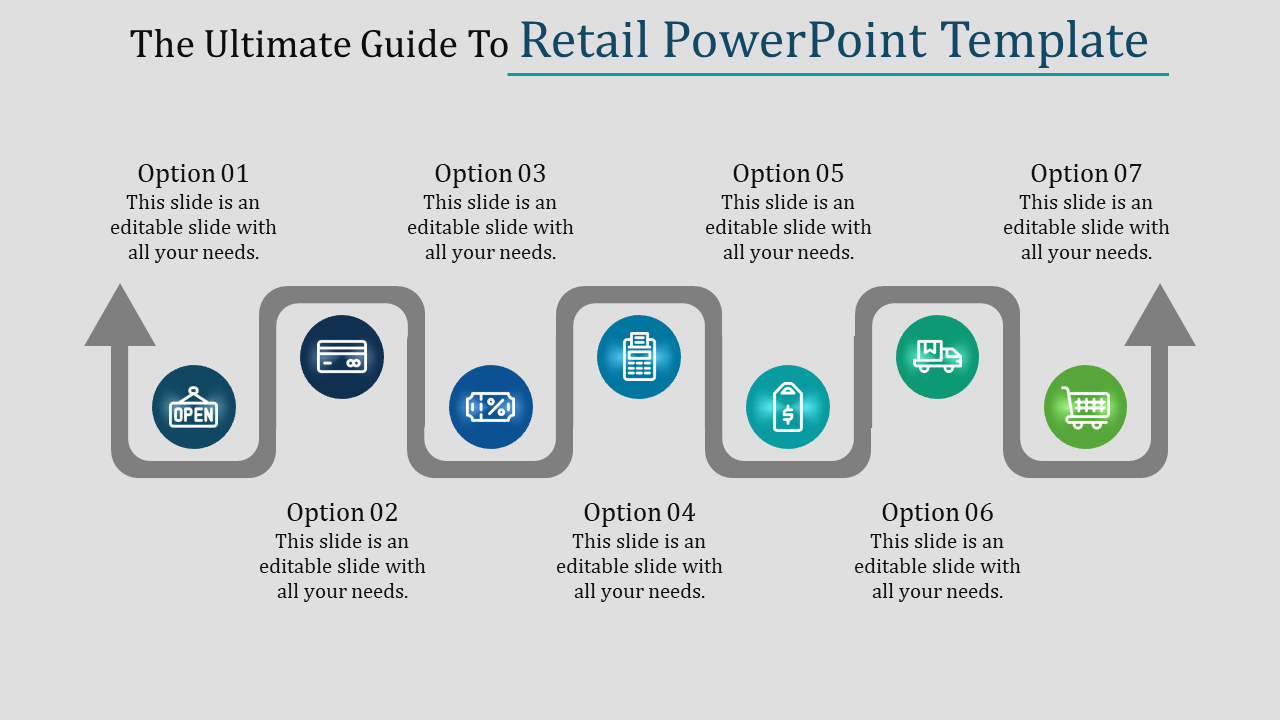 A retail PowerPoint template featuring seven stages with icons for open, payment, pricing, shipping, and shopping cart.