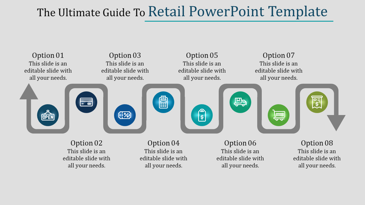 Retail infographic with a gray wavy arrow path connecting eight retail icons for store opening, payment, delivery, and sales.