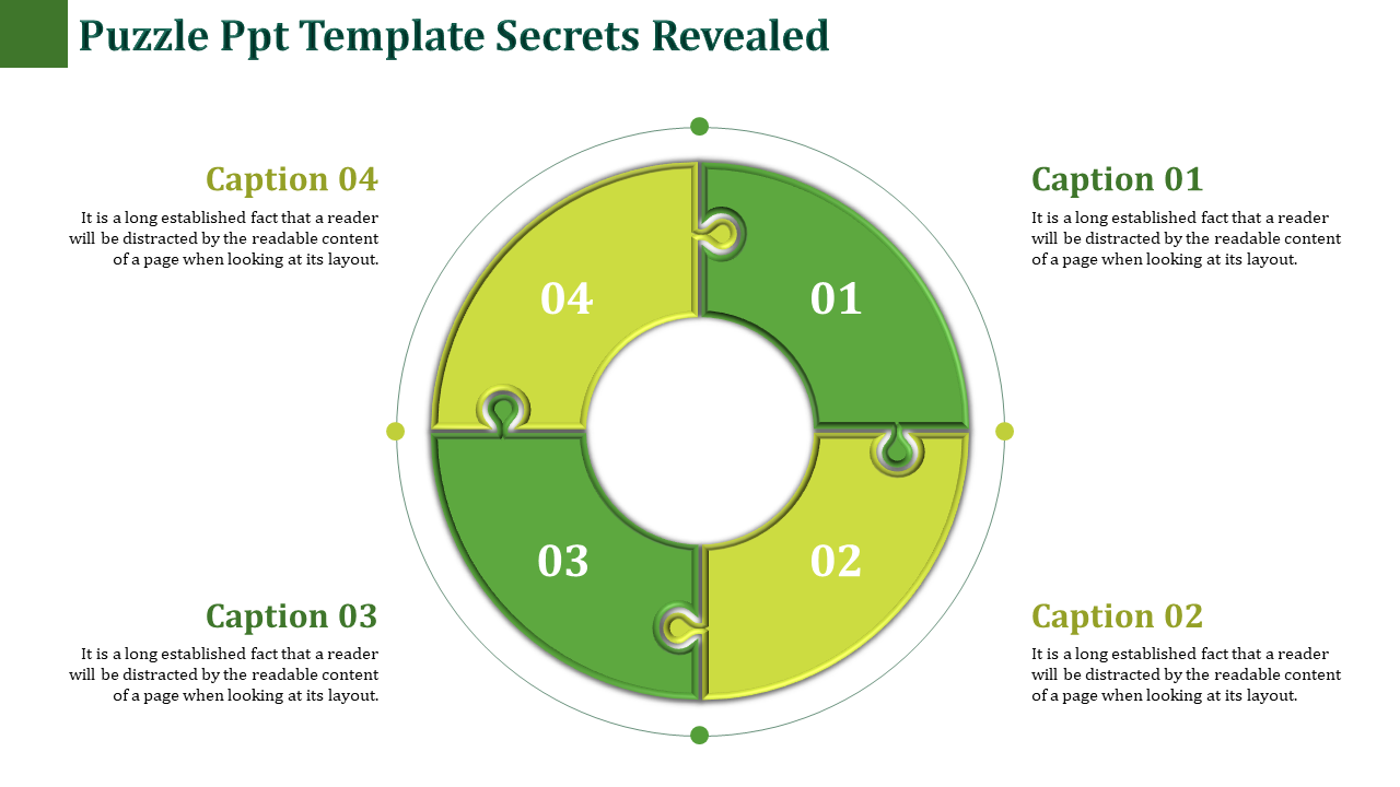 Circular puzzle infographic with four green segments, each numbered and paired with captions around the outer edges.