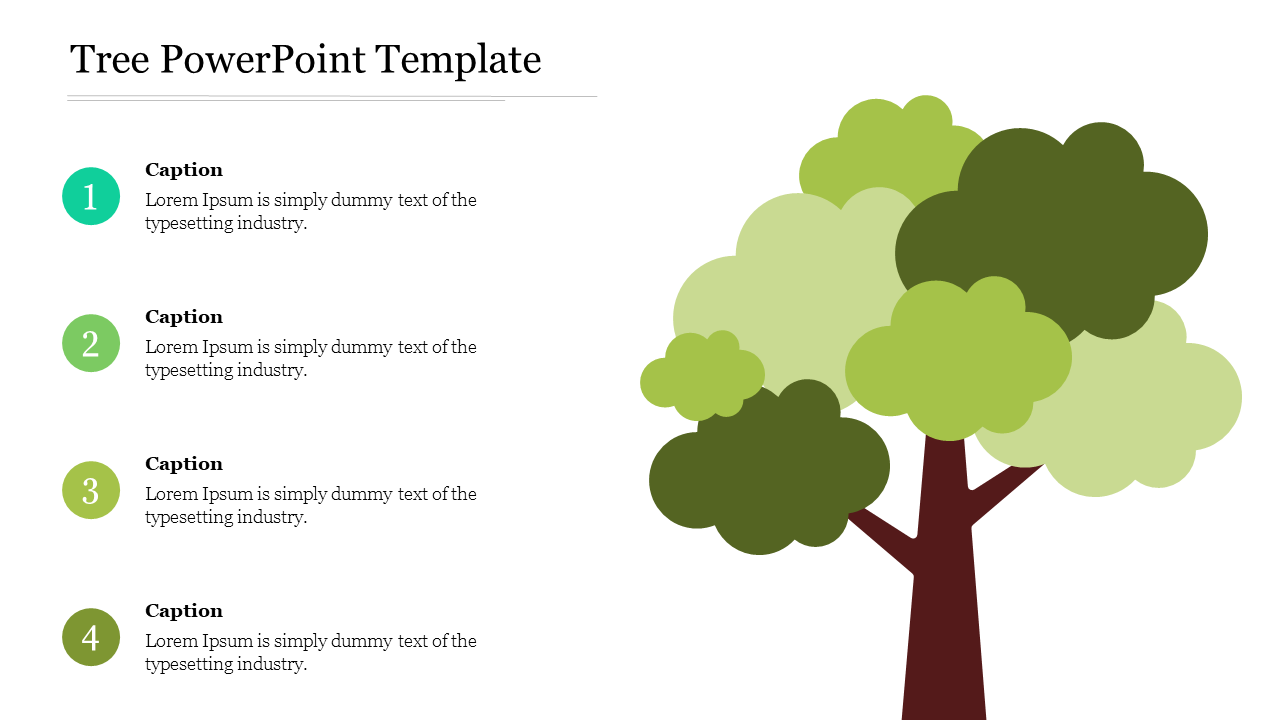 A creative tree PowerPoint template showing a tree illustration with placeholders for text descriptions.