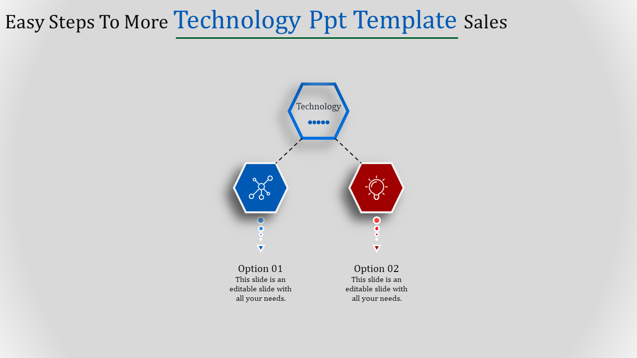 Hexagonal technology diagram with a blue top node branching into blue and red nodes below in a grey backdrop.